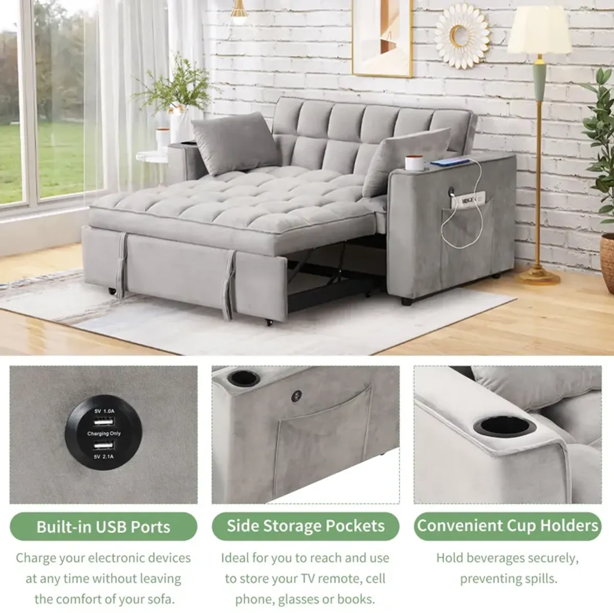 Multi Functional Sofa Bed With Cup Holder And USB Port For Living Room Or Apartments