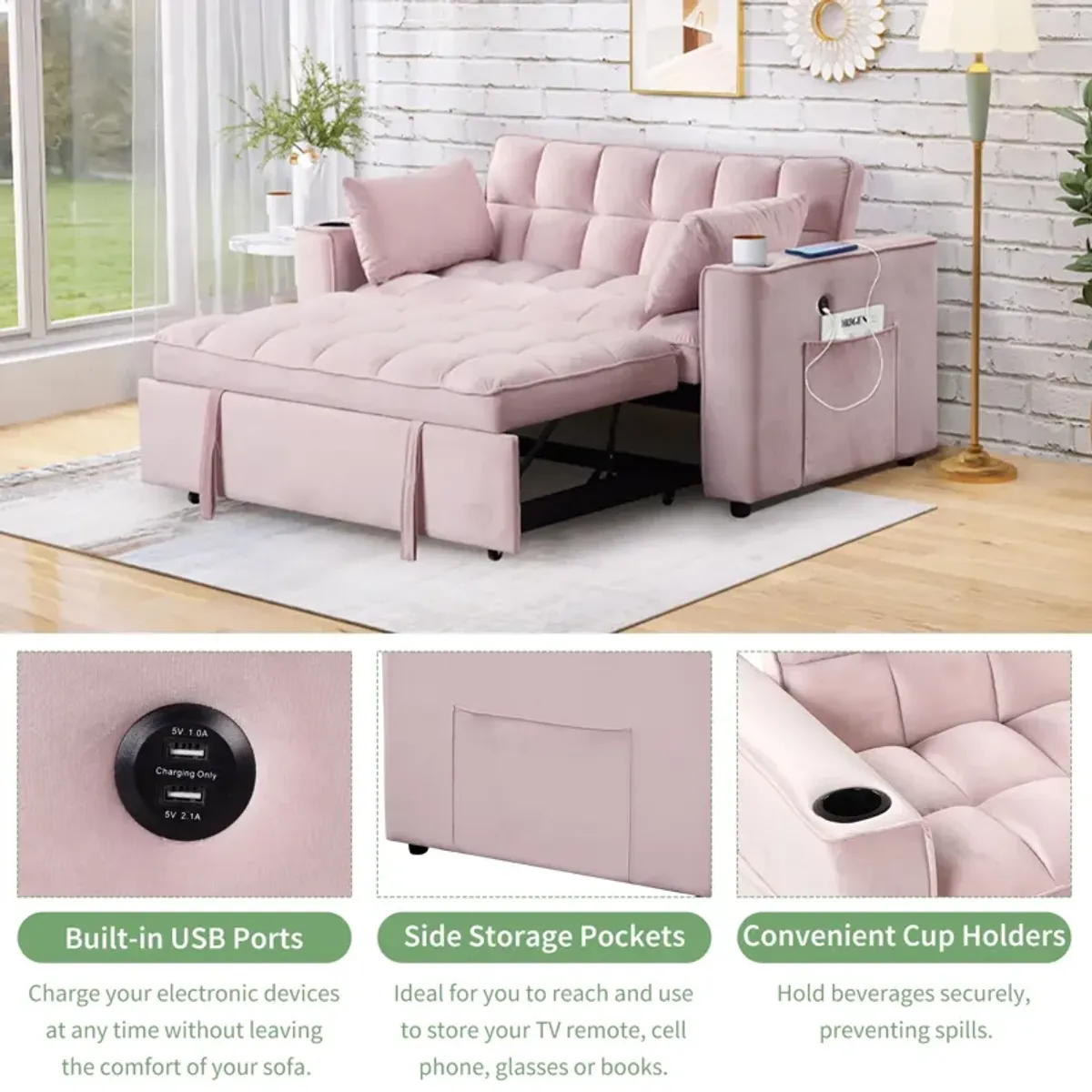 Multi Functional Sofa Bed With Cup Holder And USB Port For Living Room Or Apartments