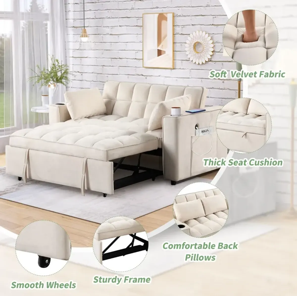 Multi Functional Sofa Bed With Cup Holder And USB Port For Living Room Or Apartments