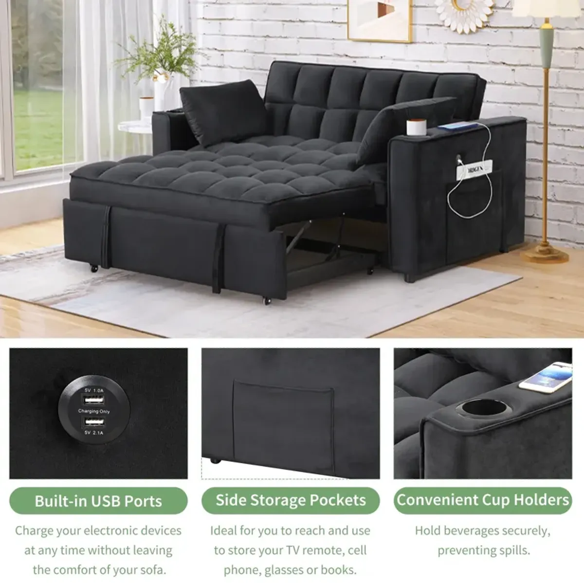 Multi Functional Sofa Bed With Cup Holder And USB Port For Living Room Or Apartments