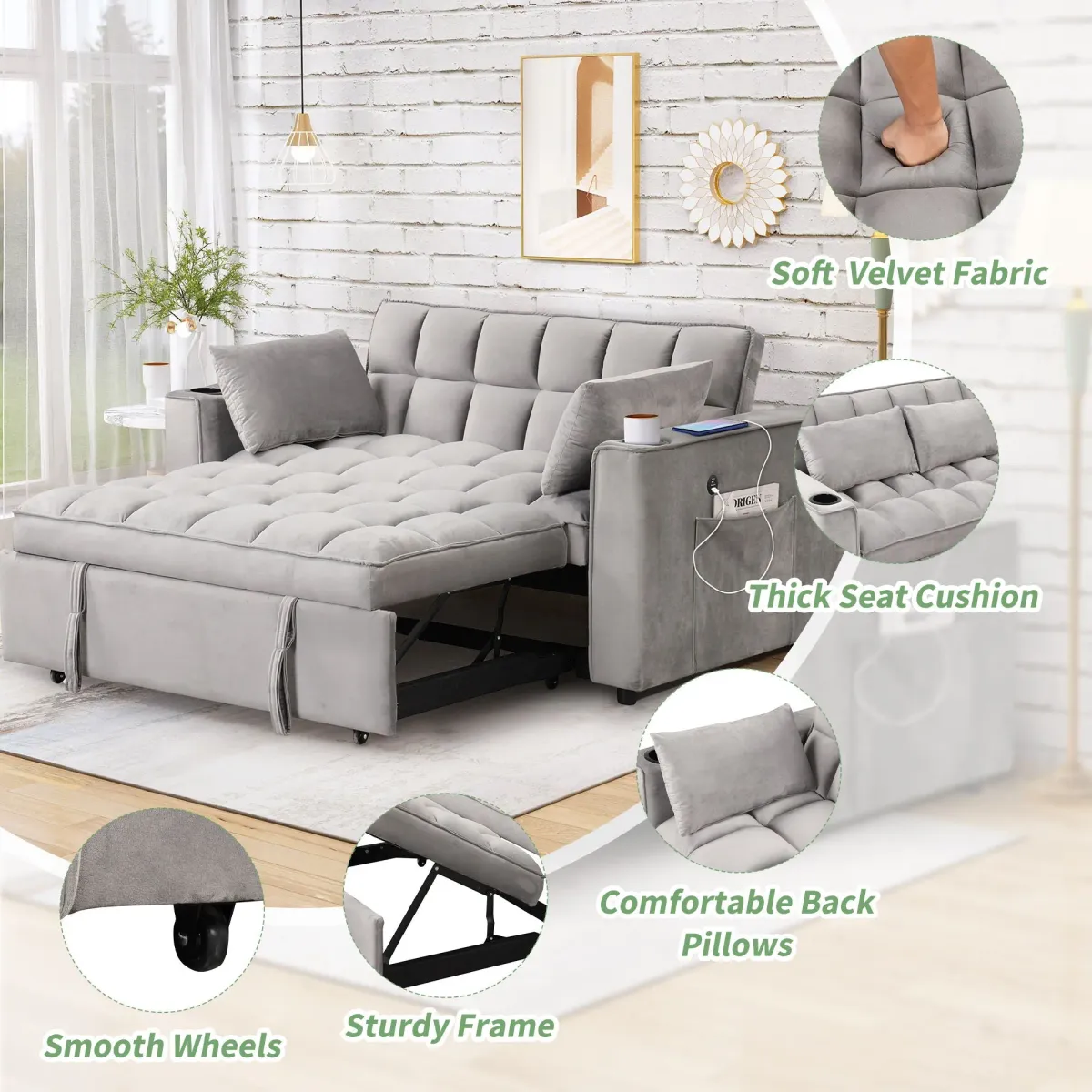 Multi Functional Sofa Bed With Cup Holder And USB Port For Living Room Or Apartments