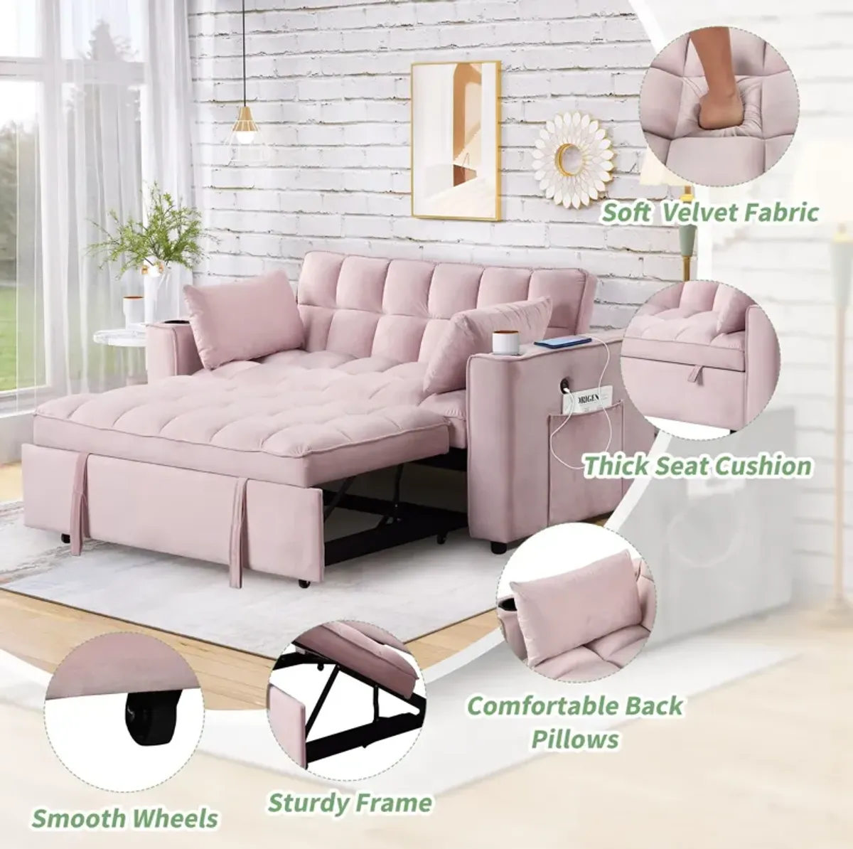 Multi Functional Sofa Bed With Cup Holder And USB Port For Living Room Or Apartments