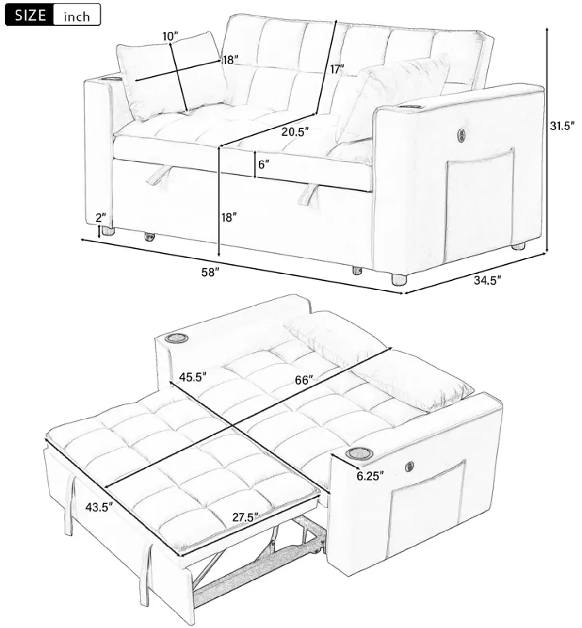 Multi Functional Sofa Bed With Cup Holder And USB Port For Living Room Or Apartments