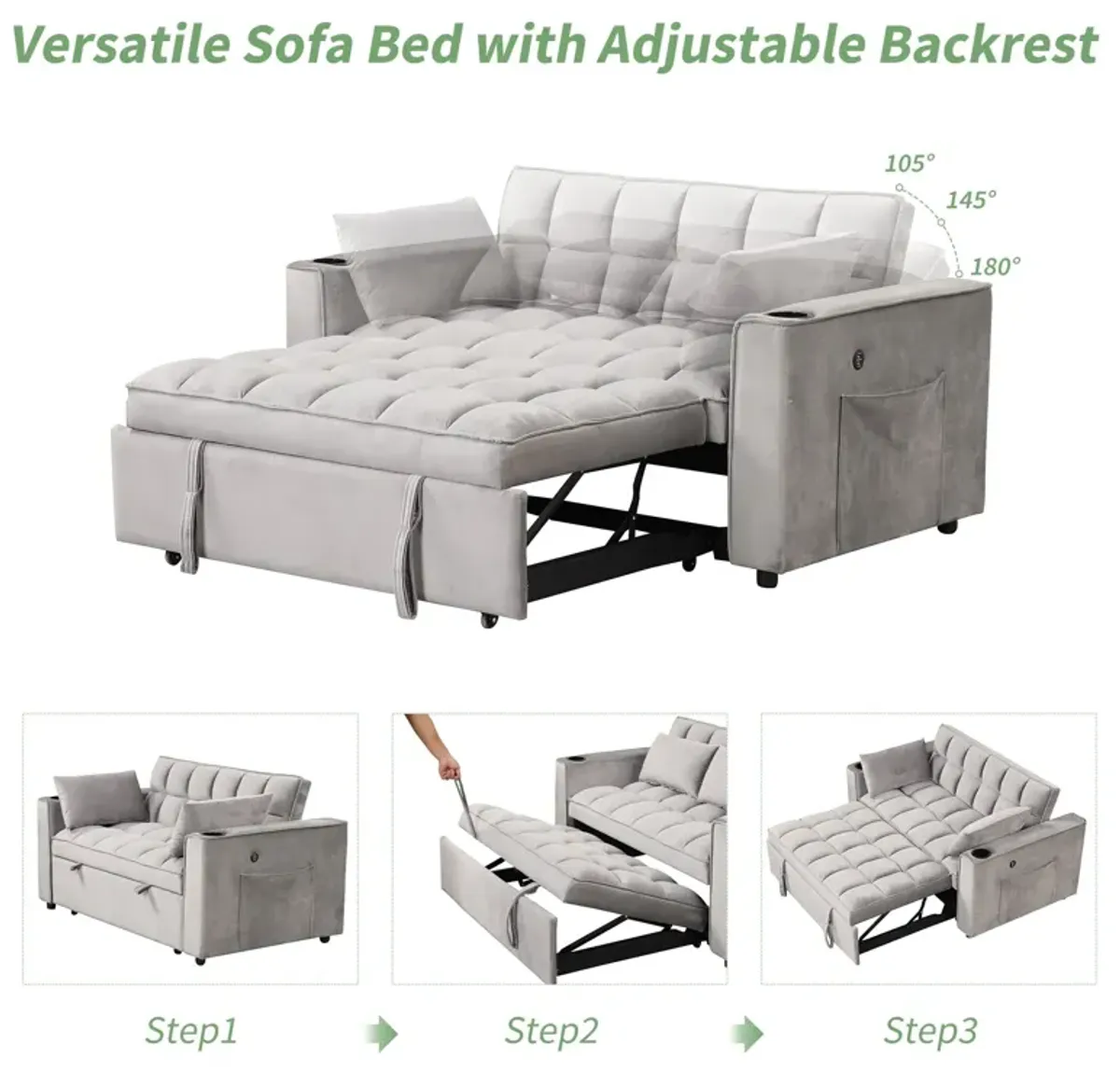 Multi Functional Sofa Bed With Cup Holder And USB Port For Living Room Or Apartments