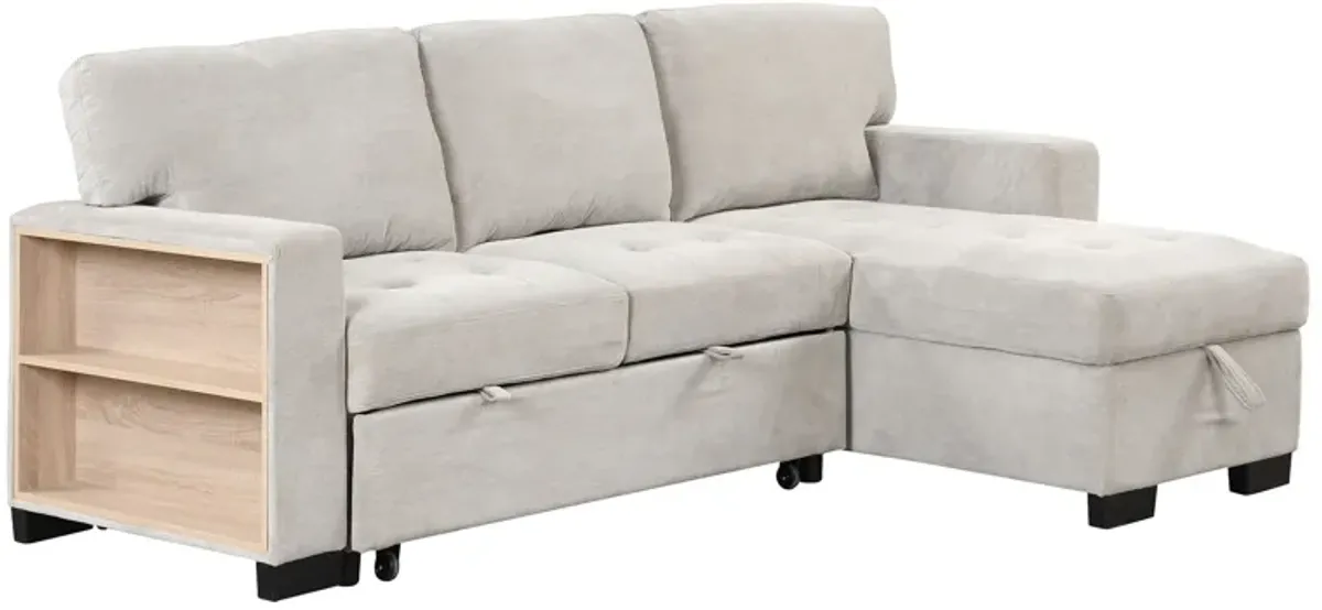 Stylish And Functional Light Chaise Lounge Sectional With Storage Rack Pull-Out Bed Drop Down Table And USB Charger