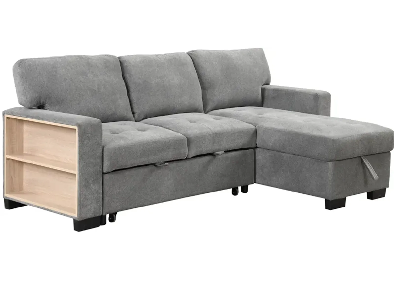 Stylish And Functional Light Chaise Lounge Sectional With Storage Rack Pull-Out Bed Drop Down Table And USB Charger