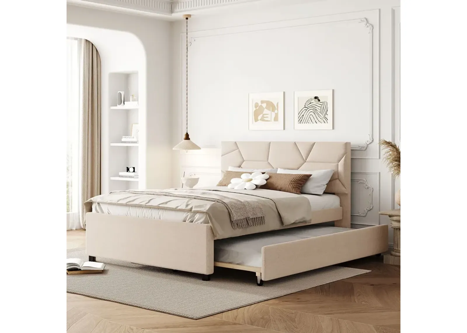 Upholstered Platform Bed With Brick Pattern Headboard And Twin Size Trundle, Linen