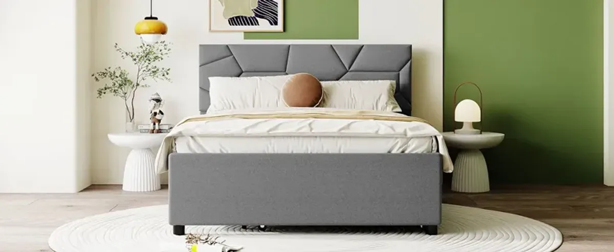 Upholstered Platform Bed With Brick Pattern Headboard And Twin Size Trundle, Linen