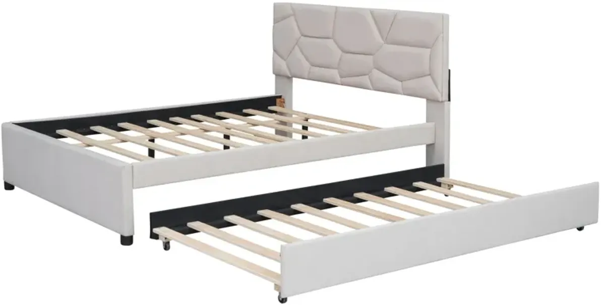 Upholstered Platform Bed With Brick Pattern Headboard And Twin Size Trundle, Linen