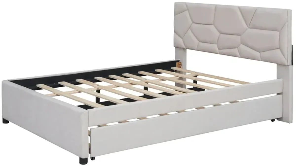 Upholstered Platform Bed With Brick Pattern Headboard And Twin Size Trundle, Linen