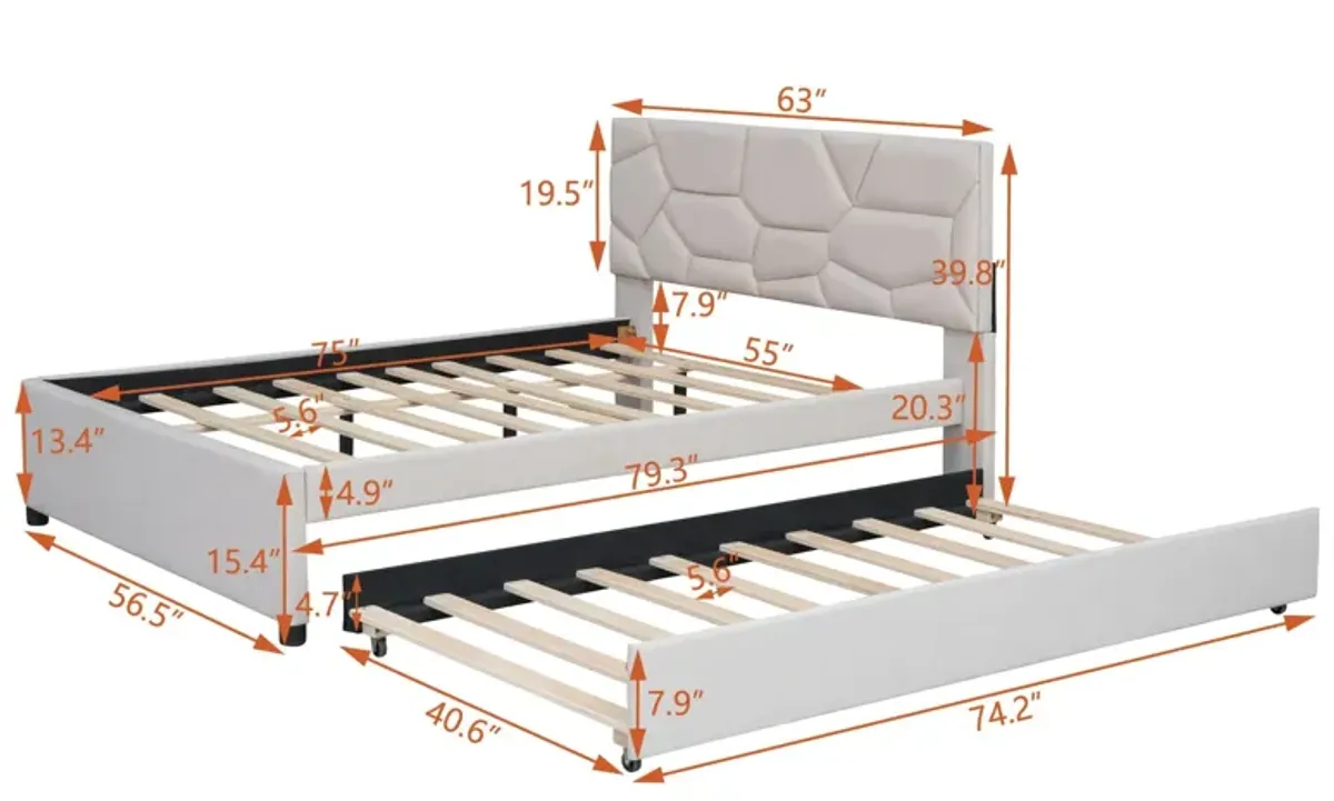 Upholstered Platform Bed With Brick Pattern Headboard And Twin Size Trundle, Linen