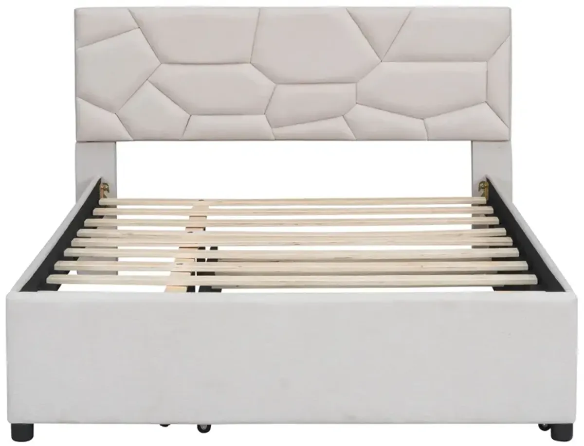 Upholstered Platform Bed With Brick Pattern Headboard And Twin Size Trundle, Linen