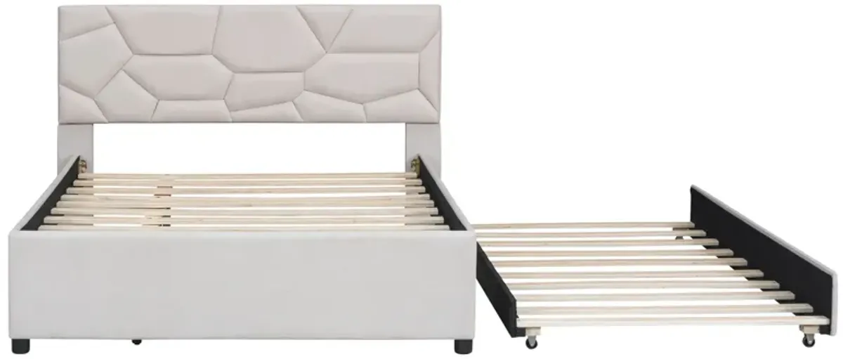 Upholstered Platform Bed With Brick Pattern Headboard And Twin Size Trundle, Linen