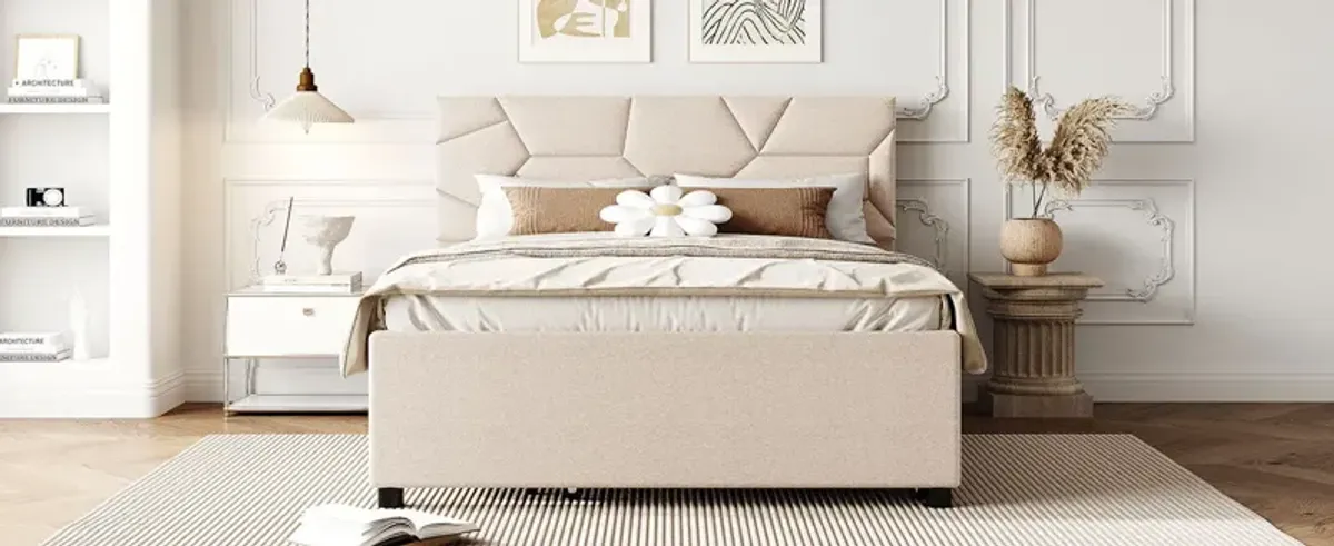 Upholstered Platform Bed With Brick Pattern Headboard And Twin Size Trundle, Linen