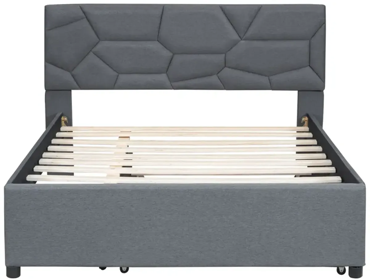 Upholstered Platform Bed With Brick Pattern Headboard And Twin Size Trundle, Linen