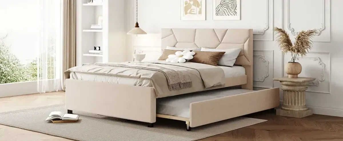 Upholstered Platform Bed With Brick Pattern Headboard And Twin Size Trundle, Linen