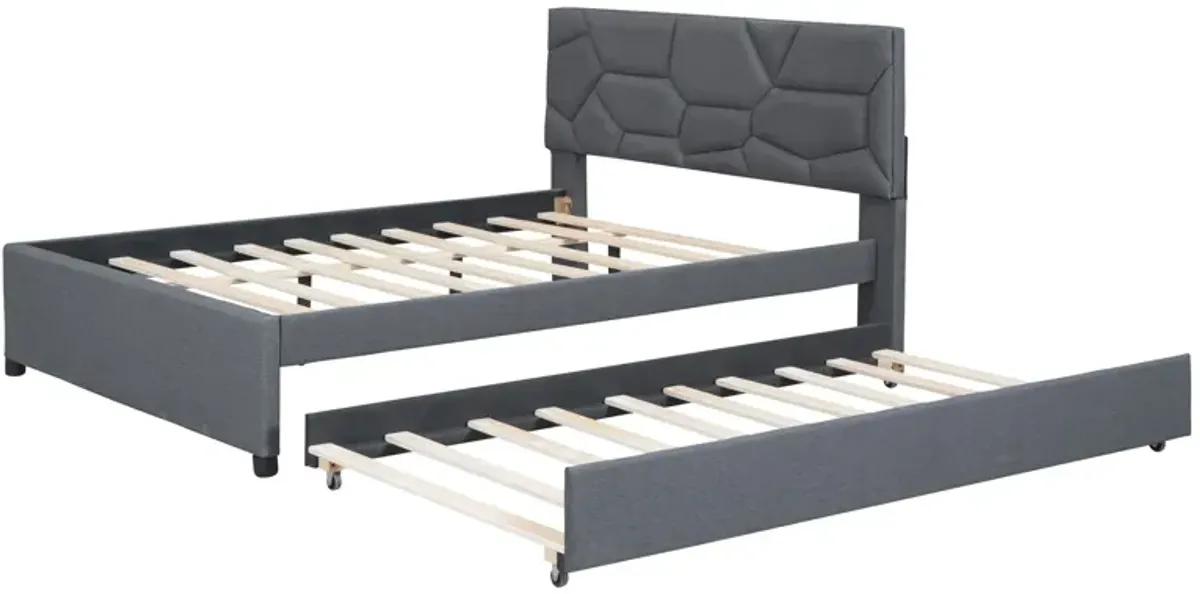 Upholstered Platform Bed With Brick Pattern Headboard And Twin Size Trundle, Linen