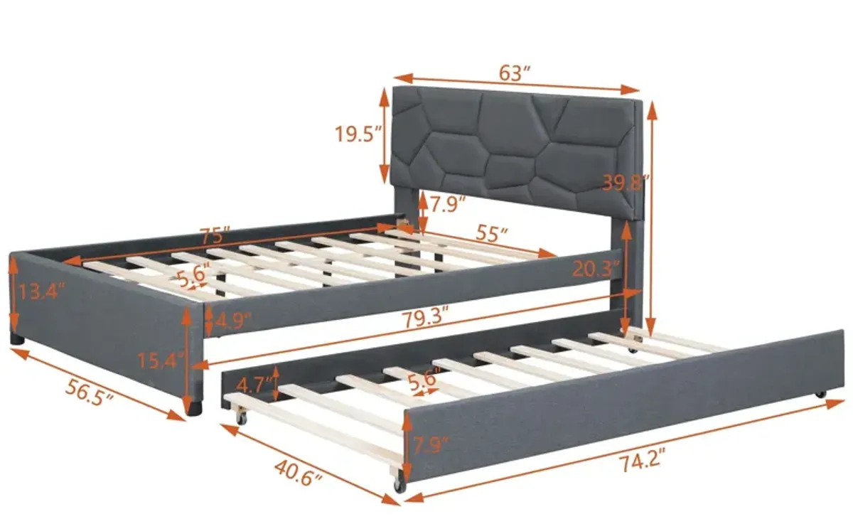 Upholstered Platform Bed With Brick Pattern Headboard And Twin Size Trundle, Linen