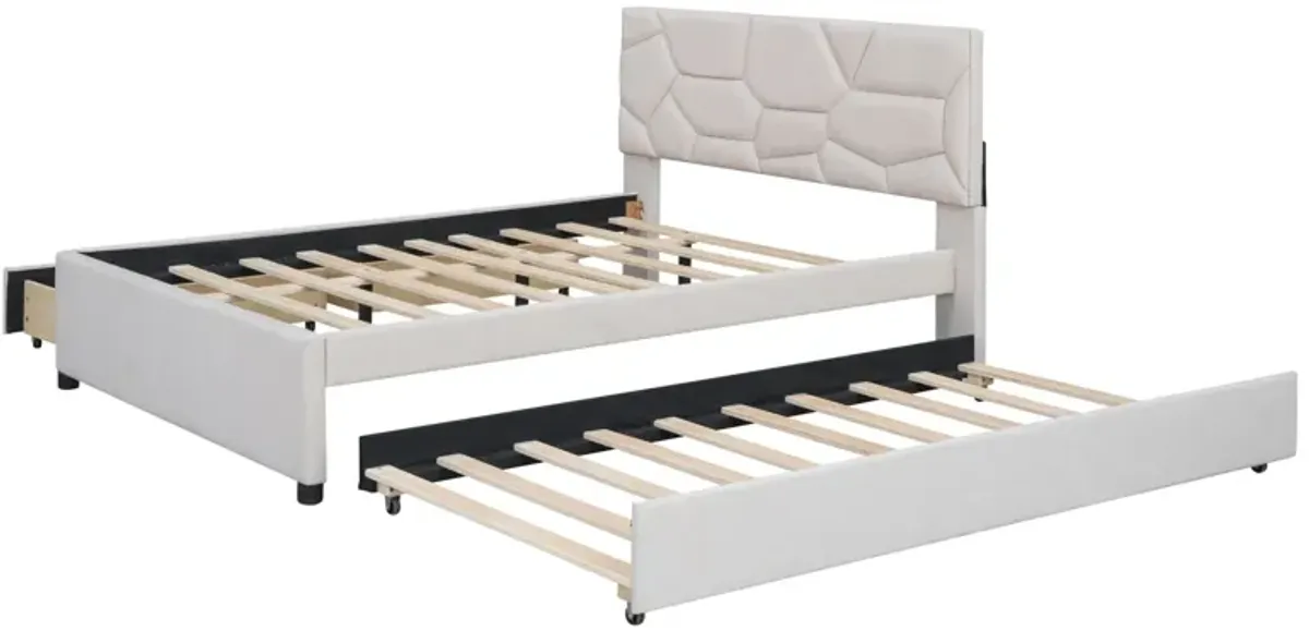 Full Size Upholstered Platform Bed With Brick Pattern Headboard, With Twin Size Trundle And 2 Drawers, Linen