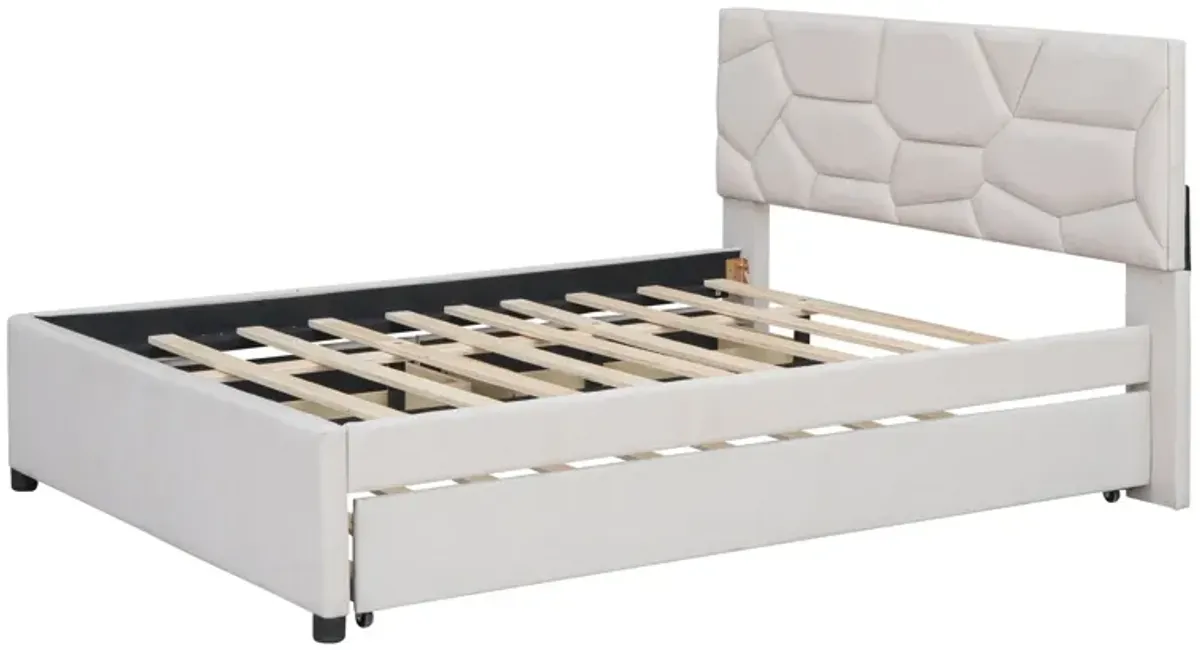 Full Size Upholstered Platform Bed With Brick Pattern Headboard, With Twin Size Trundle And 2 Drawers, Linen