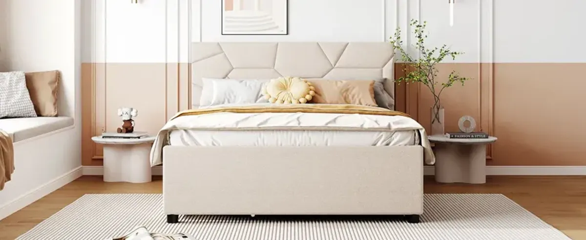 Full Size Upholstered Platform Bed With Brick Pattern Headboard, With Twin Size Trundle And 2 Drawers, Linen