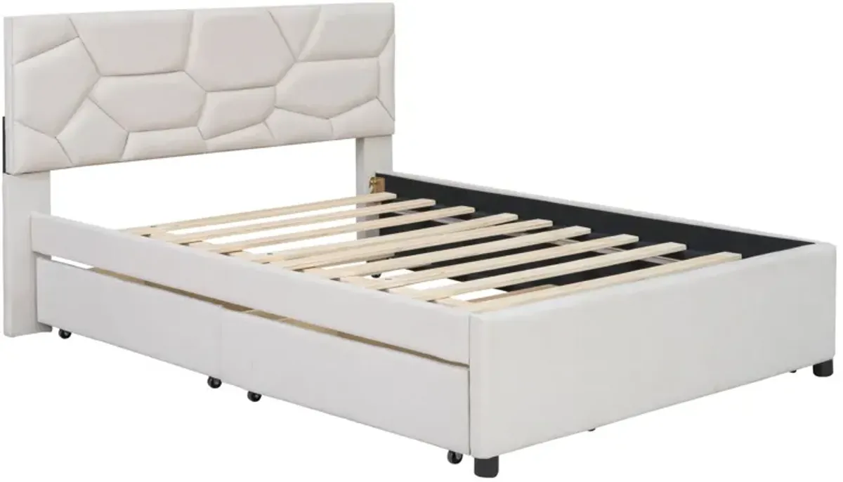 Full Size Upholstered Platform Bed With Brick Pattern Headboard, With Twin Size Trundle And 2 Drawers, Linen