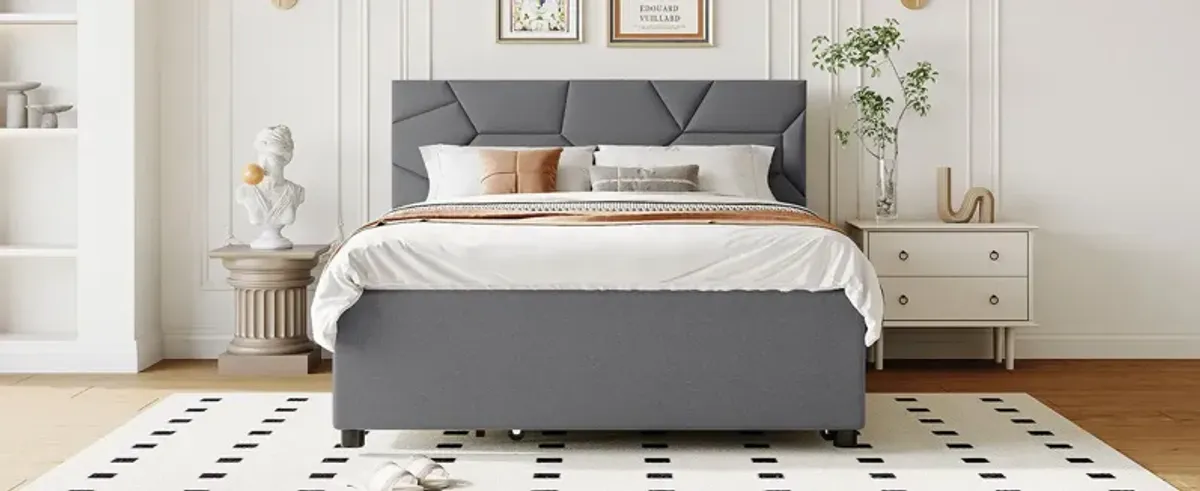 Full Size Upholstered Platform Bed With Brick Pattern Headboard, With Twin Size Trundle And 2 Drawers, Linen