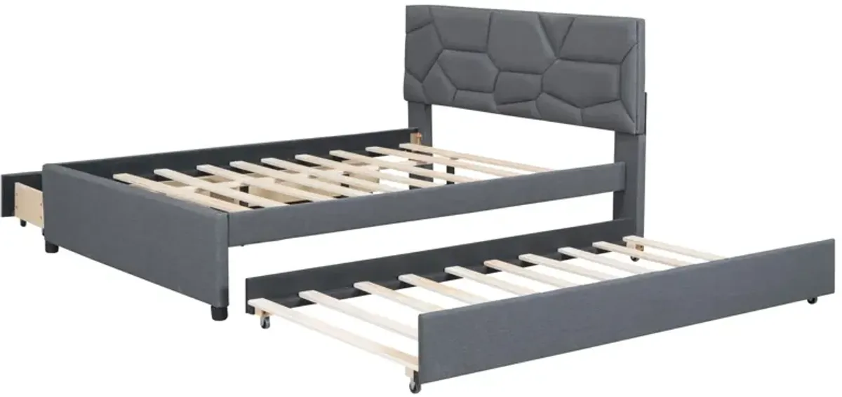 Full Size Upholstered Platform Bed With Brick Pattern Headboard, With Twin Size Trundle And 2 Drawers, Linen