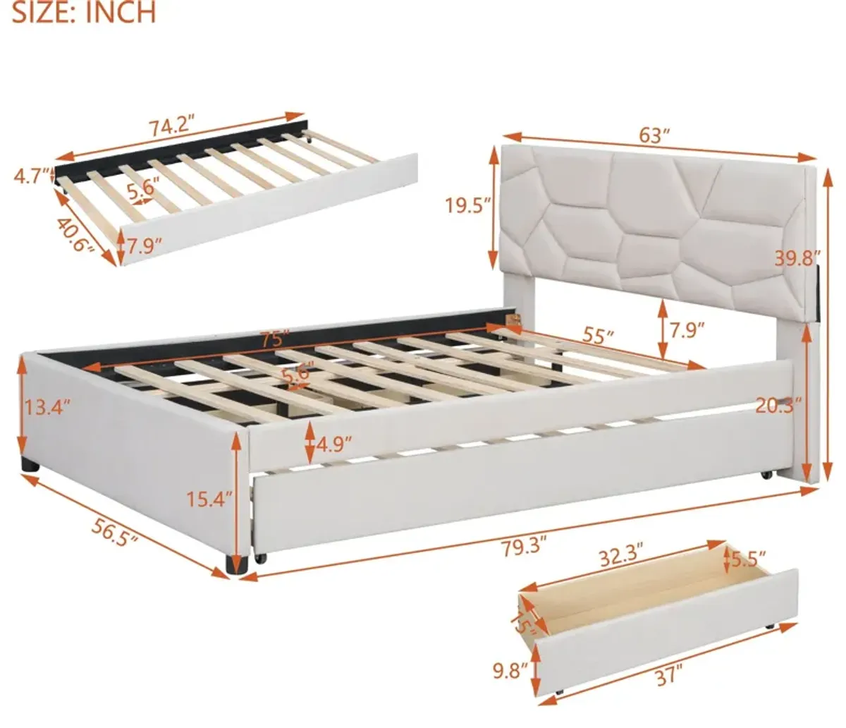 Full Size Upholstered Platform Bed With Brick Pattern Headboard, With Twin Size Trundle And 2 Drawers, Linen