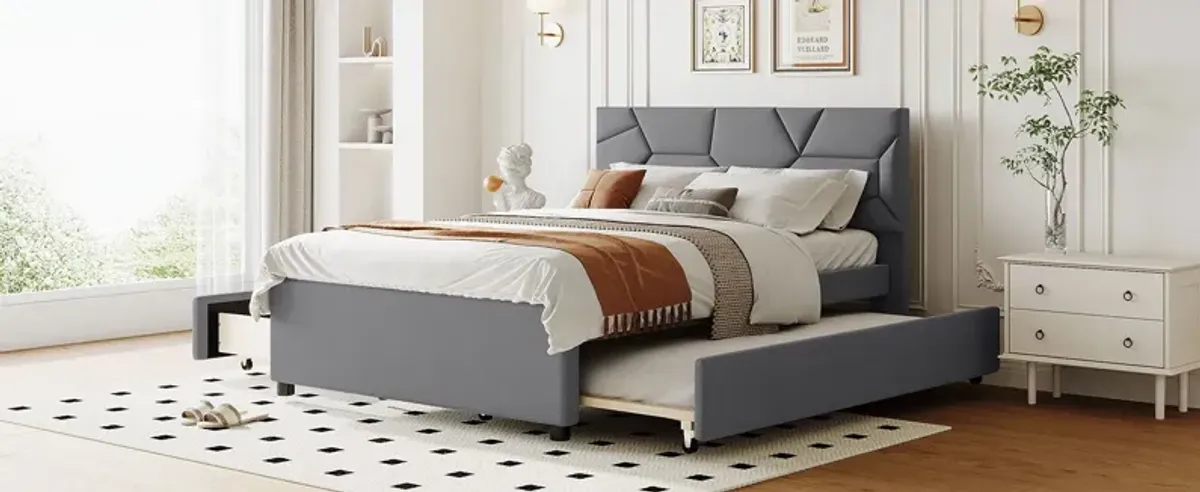 Full Size Upholstered Platform Bed With Brick Pattern Headboard, With Twin Size Trundle And 2 Drawers, Linen