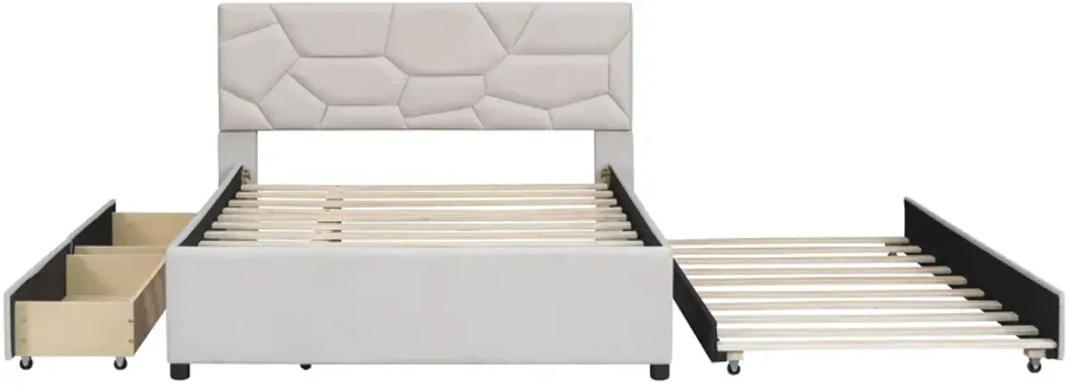 Full Size Upholstered Platform Bed With Brick Pattern Headboard, With Twin Size Trundle And 2 Drawers, Linen