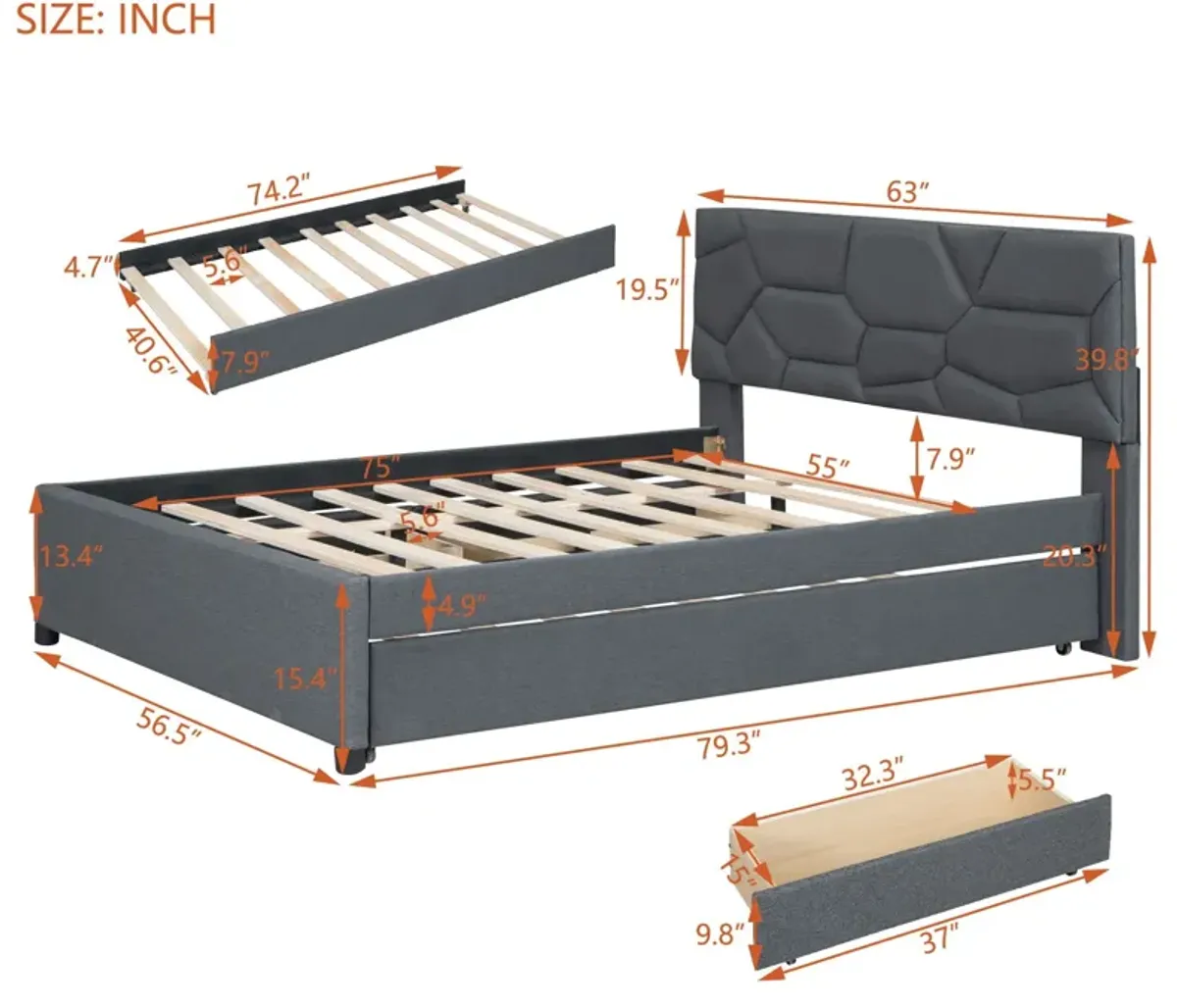 Full Size Upholstered Platform Bed With Brick Pattern Headboard, With Twin Size Trundle And 2 Drawers, Linen