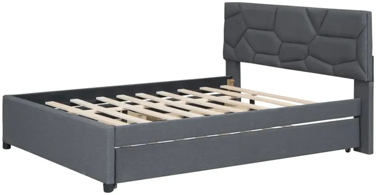 Full Size Upholstered Platform Bed With Brick Pattern Headboard, With Twin Size Trundle And 2 Drawers, Linen