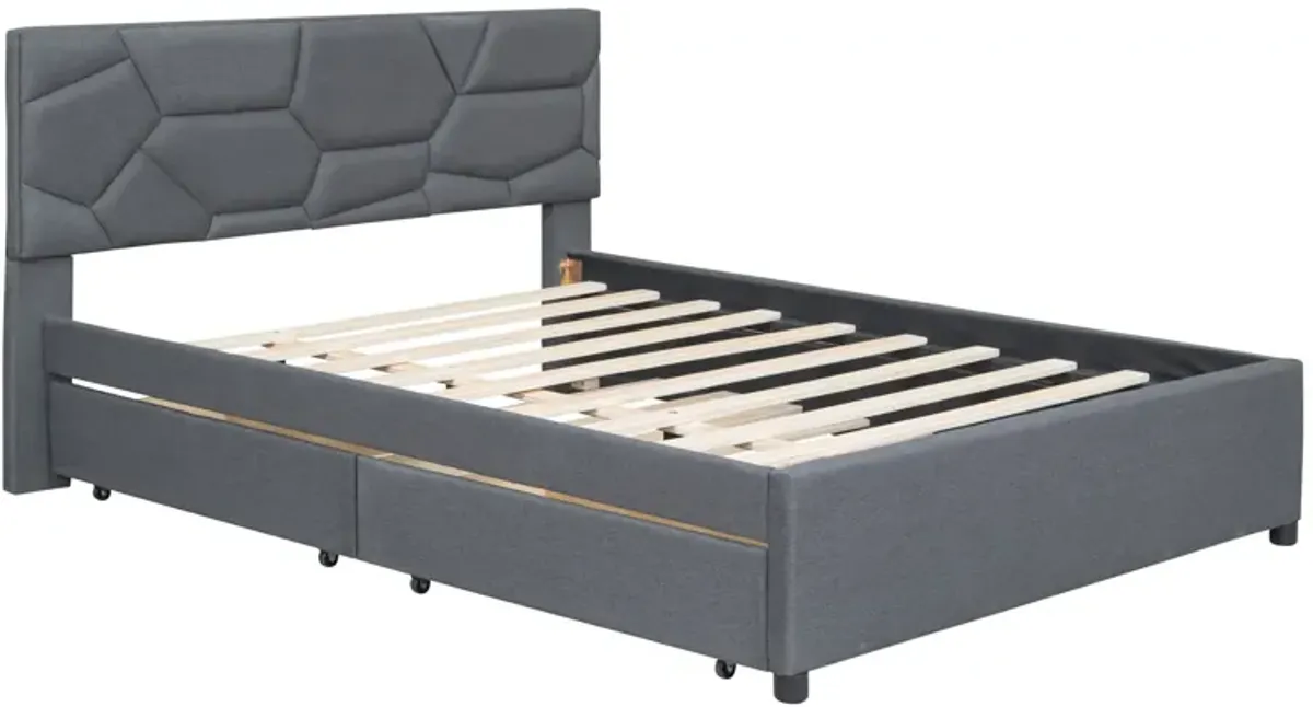 Upholstered Platform Bed With Brick Pattern Headboard And Twin Long Size Trundle