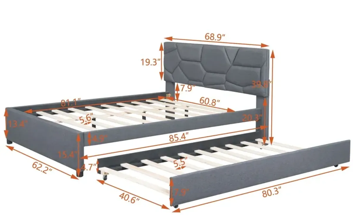 Upholstered Platform Bed With Brick Pattern Headboard And Twin Long Size Trundle