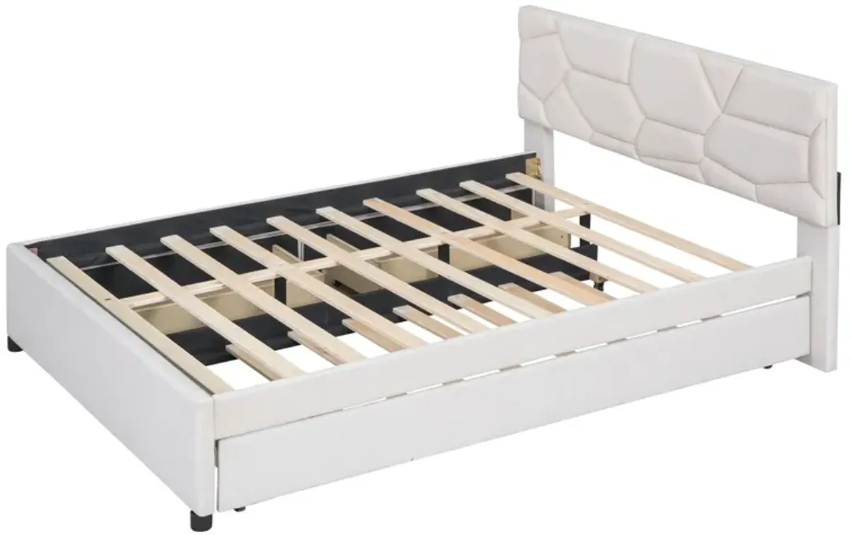 Upholstered Platform Bed With Brick Pattern Headboard And Twin Long Size Trundle