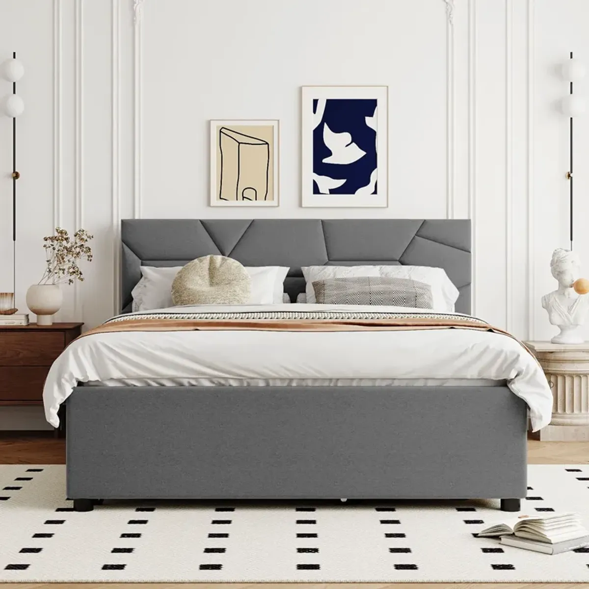 Upholstered Platform Bed With Brick Pattern Headboard And Twin Long Size Trundle