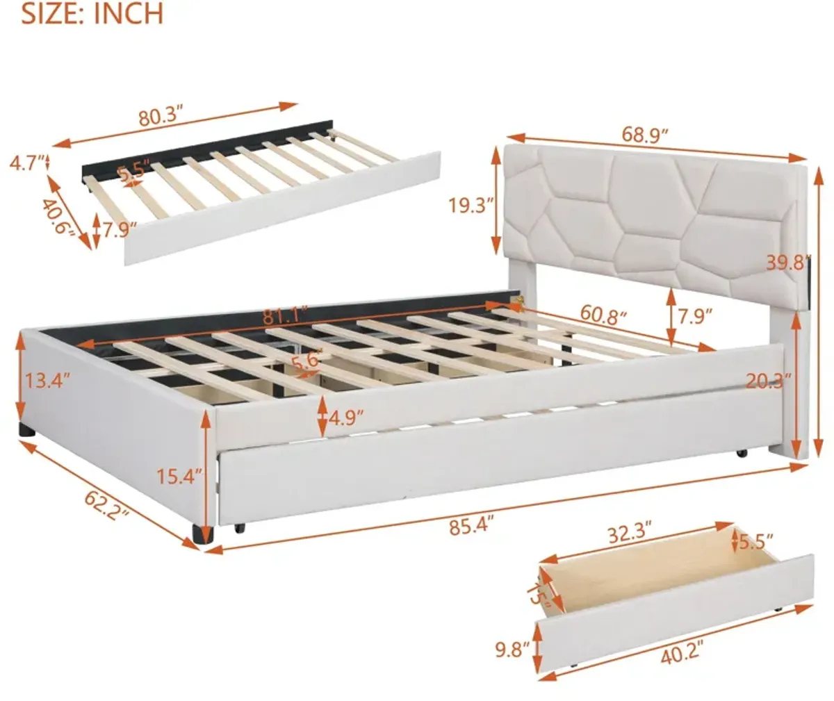 Upholstered Platform Bed With Brick Pattern Headboard And Twin Long Size Trundle