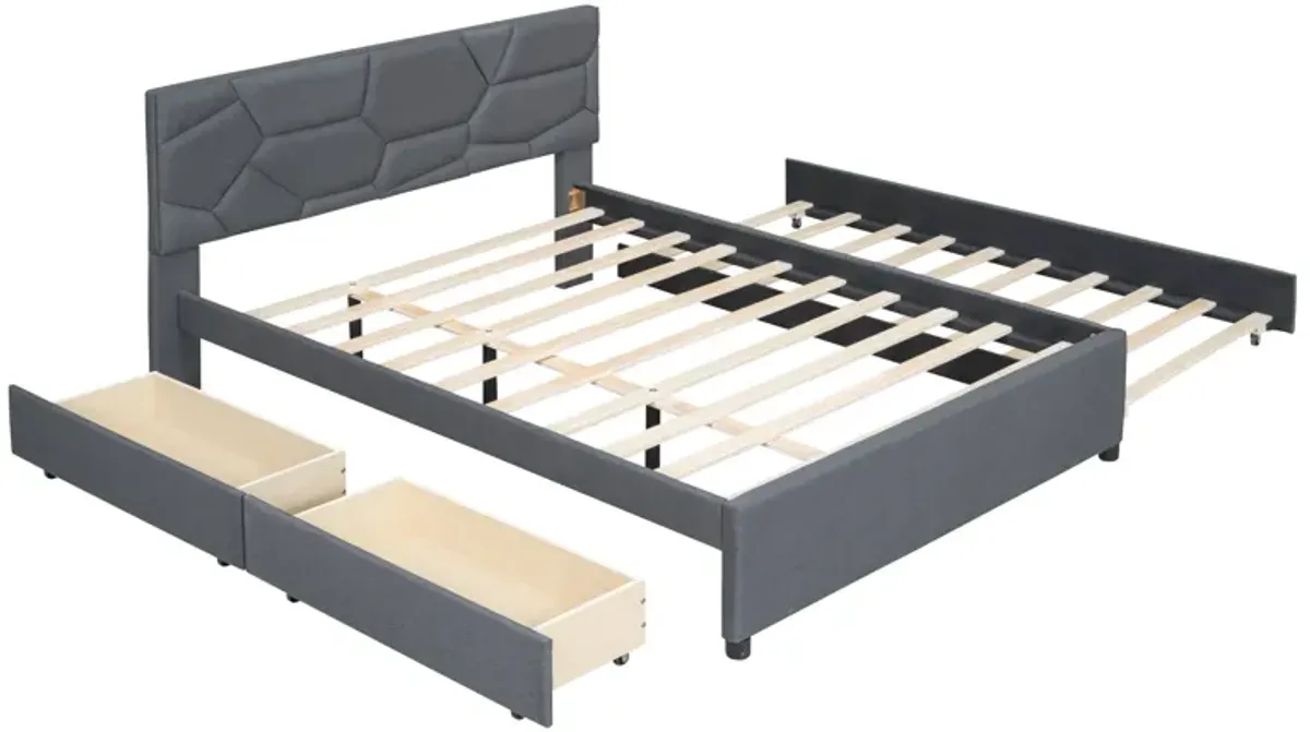 Upholstered Platform Bed With Brick Pattern Headboard And Twin Long Size Trundle