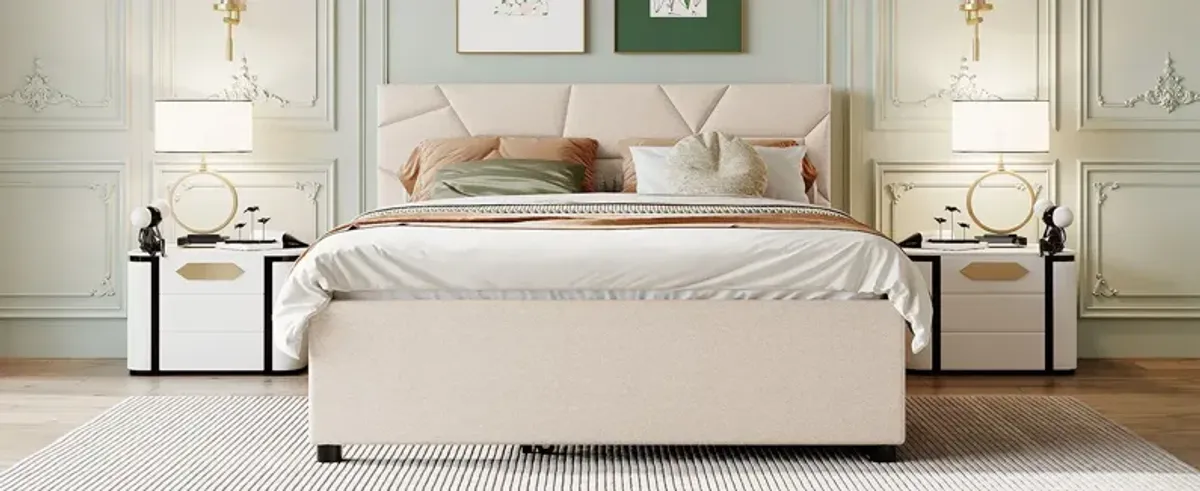 Upholstered Platform Bed With Brick Pattern Headboard And Twin Long Size Trundle