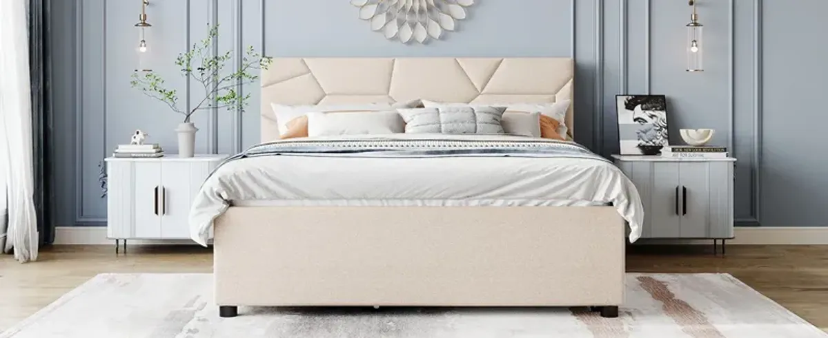 Upholstered Platform Bed With Brick Pattern Headboard And Twin Long Size Trundle