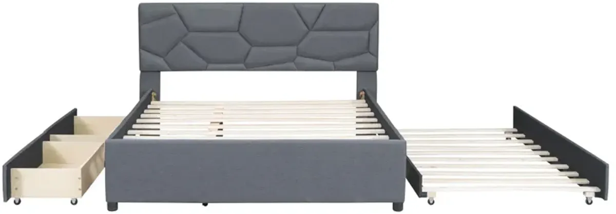 Upholstered Platform Bed With Brick Pattern Headboard And Twin Long Size Trundle