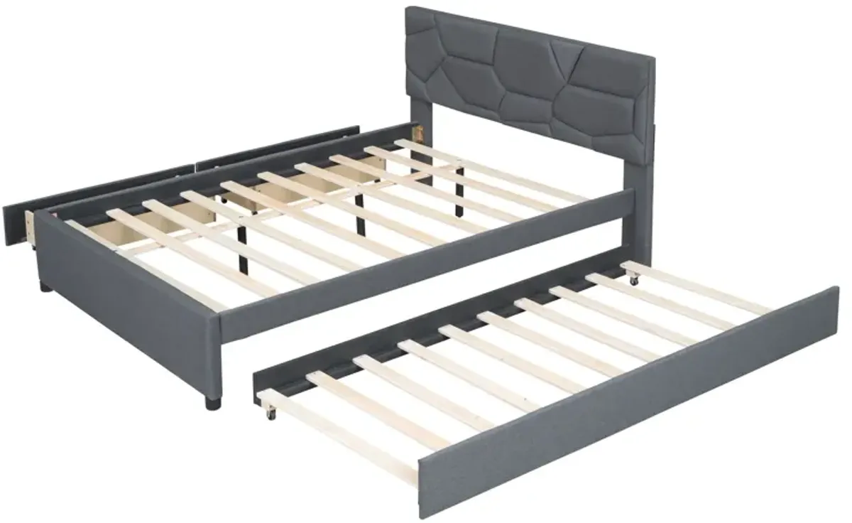 Upholstered Platform Bed With Brick Pattern Headboard And Twin Long Size Trundle