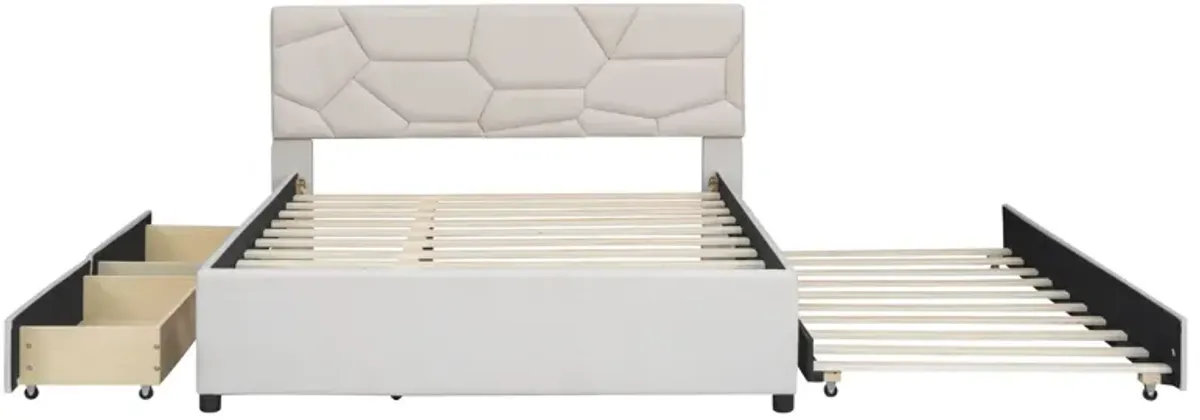 Upholstered Platform Bed With Brick Pattern Headboard And Twin Long Size Trundle