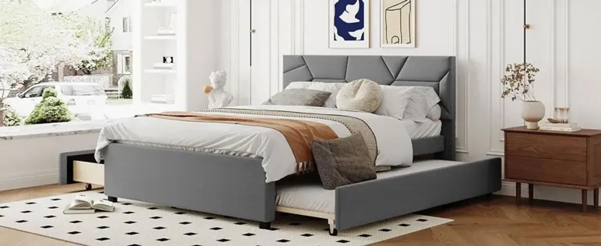 Upholstered Platform Bed With Brick Pattern Headboard And Twin Long Size Trundle