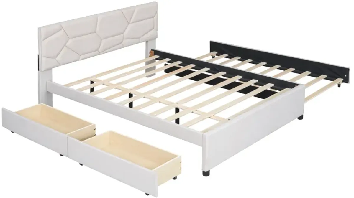 Upholstered Platform Bed With Brick Pattern Headboard And Twin Long Size Trundle