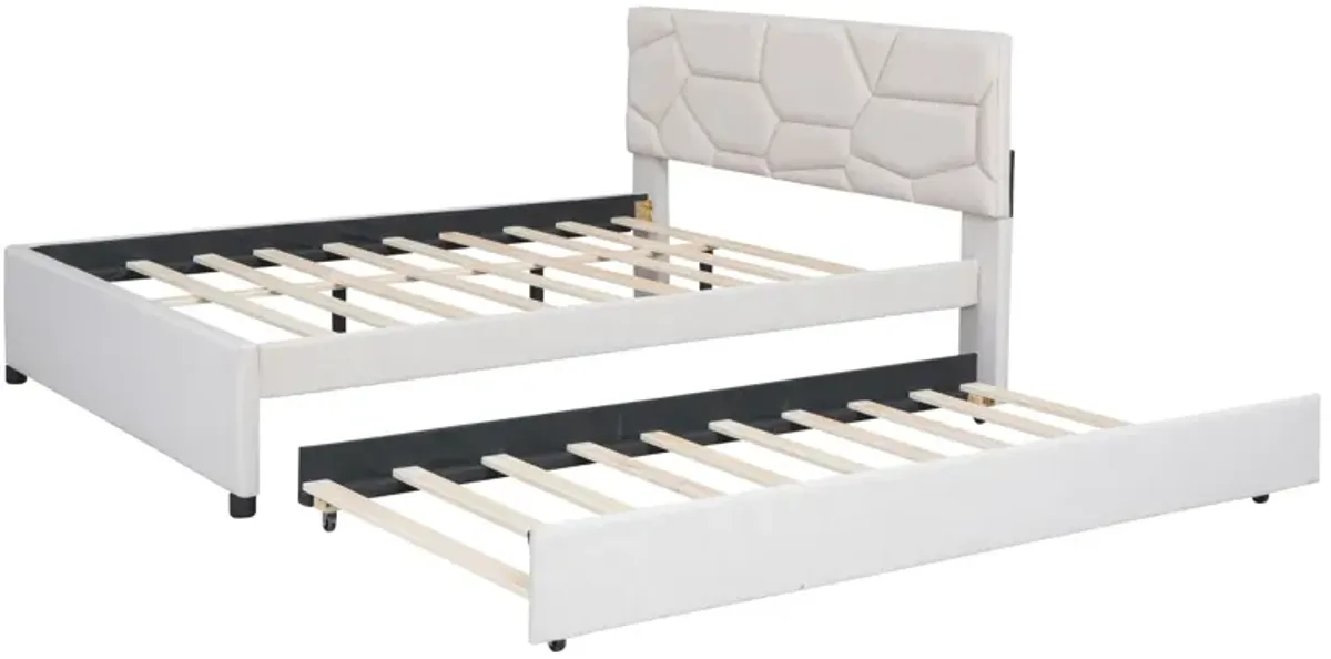 Upholstered Platform Bed With Brick Pattern Headboard And Twin Long Size Trundle