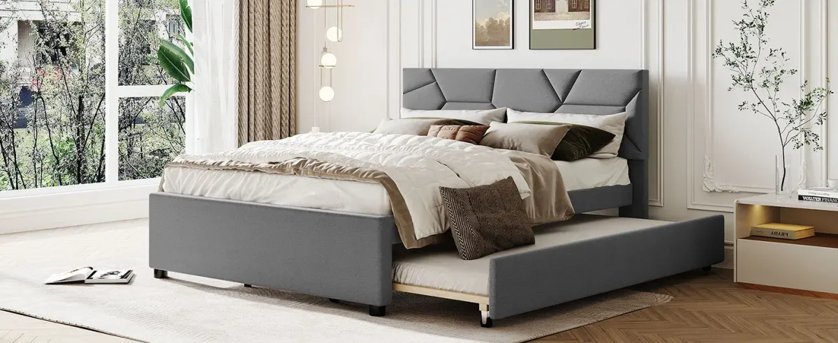 Upholstered Platform Bed With Brick Pattern Headboard And Twin Long Size Trundle