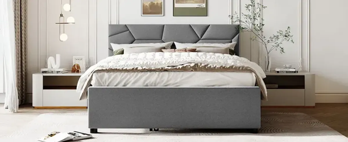 Upholstered Platform Bed With Brick Pattern Headboard And Twin Long Size Trundle