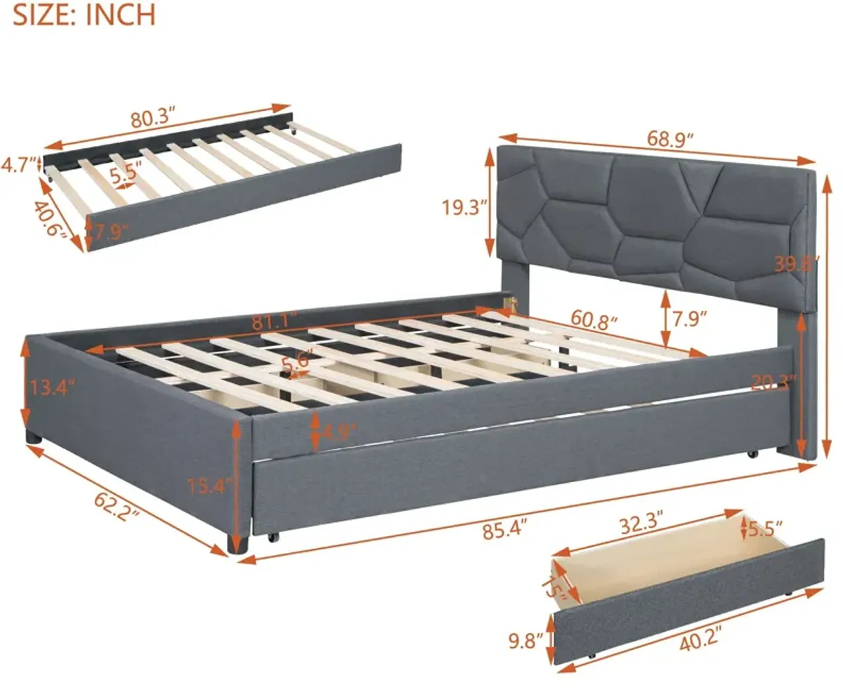 Upholstered Platform Bed With Brick Pattern Headboard And Twin Long Size Trundle